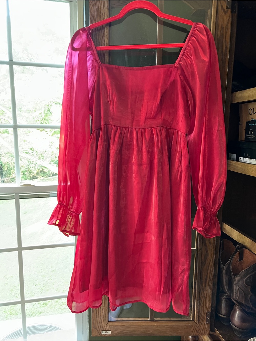 Holiday Red Long-Sleeve Chiffon Dress